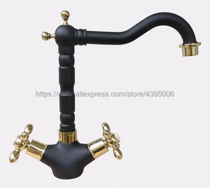 

Oil Rubbed Bronze & Gold Brass Bathoom Kitchen Faucet Swivel Spout Dual Cross Handles Lavatory Sink Mixer Taps Deck Mount Bnf808