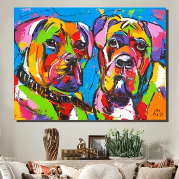 

HDARTISAN Vrolijk schilderij Wall Art Picture Animals Canvas Oil Painting Posters and Prints Colorful Two Dogs for Home Decor