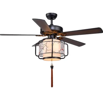 Price KY155 52inch Chinese Retro Ceiling Fan Copper Motor Wood Fan Blade Chandelier Hanging Fan LED Variable Light Cloth Lampshade