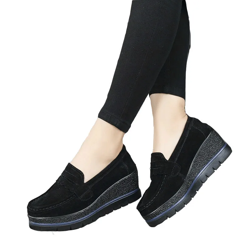 

WDHKUN Genuine Leather Fashion Flat Platform Shoes Women Sneakers Black 2018 Cow Suede Leather Mid Heel Slip-On Casual Shoes 40