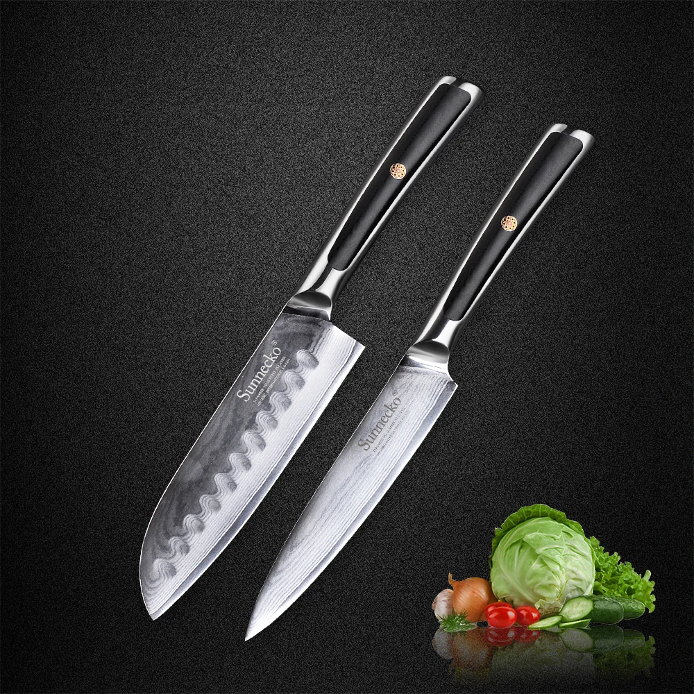 

SUNNECKO 2PCS Kitchen Knives Set 5"Santoku 5"Utility Japanese Damascus VG10 Steel Razor Sharp Blade G10 Handle Meat Cutter Knife