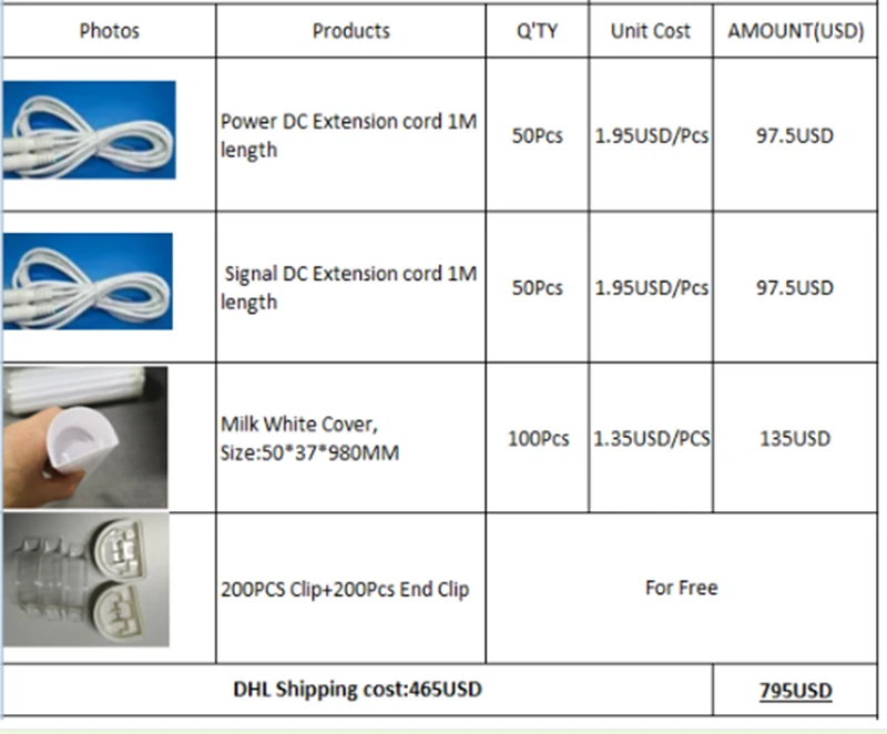 

100Pcs Milk White Cover Size 50*37*980MM+50pcs Power DC Extension cord 1M length + Signal DC Extension cord 1M length