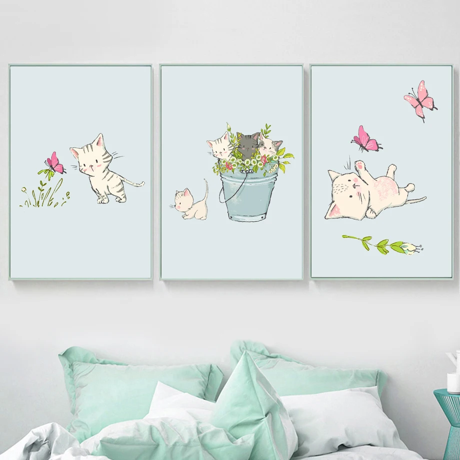 

Watercolor Cat Pink Butterfly Flower Leaf Wall Art Canvas Painting Nordic Posters And Prints Wall Pictures Baby Kids Room Decor