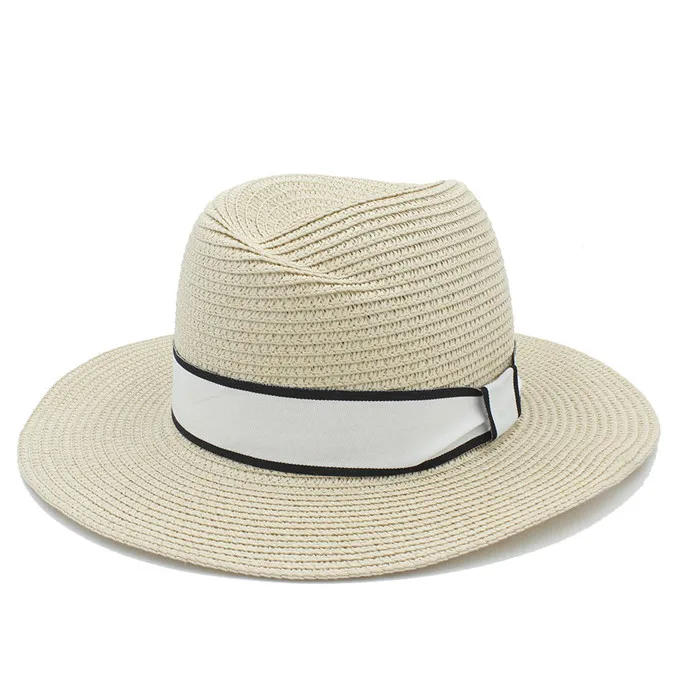 Модная летняя соломенная Панамка для мужчин и женщин, шляпа от солнца для джентльмена, Панама с широкими полями, шляпа, элегантная женская шляпа Fedora, Пляжная Шляпа - Цвет: Straw