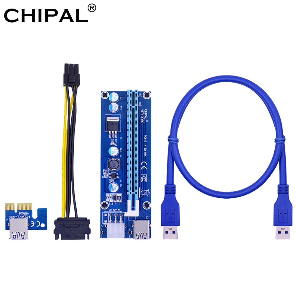 CHIPAL 100 шт. Райзер карта VER 006C PCI E PCIE 1x до 16x + 60 см USB 3 0 кабель/SATA к 6 контактному шнуру