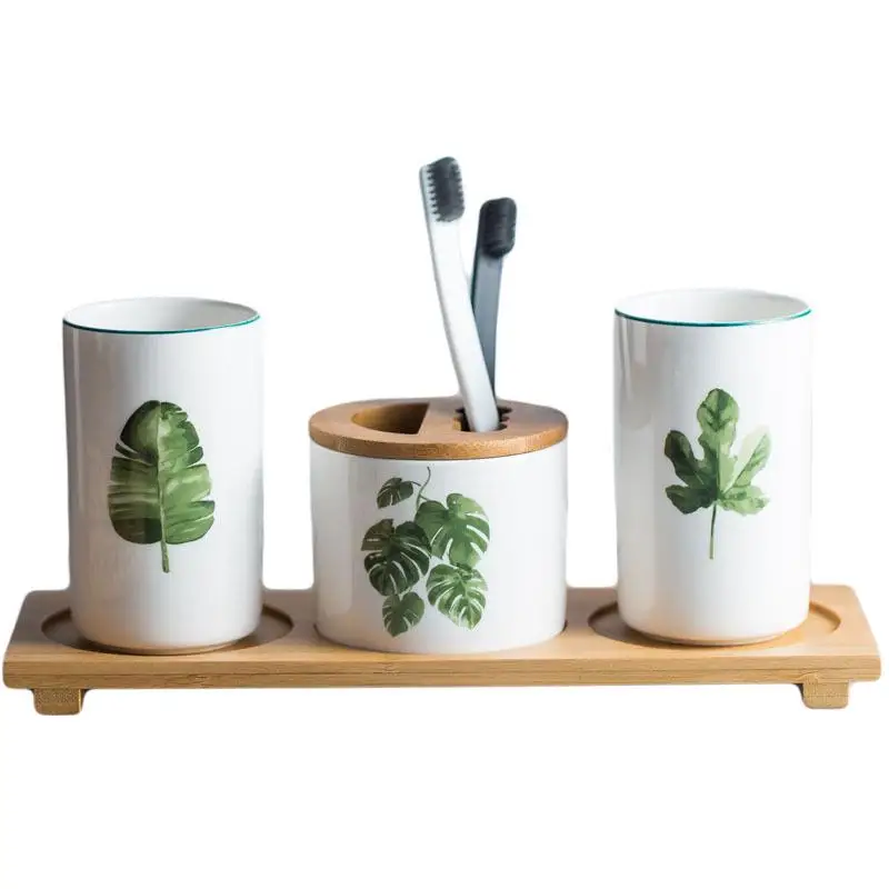 Green Pattern Ceramic Toothbrush Cup Set Nordic Fashion Simple Couple Mouth Mug Bathroom Accessories Good Looking Food Container - Цвет: 2