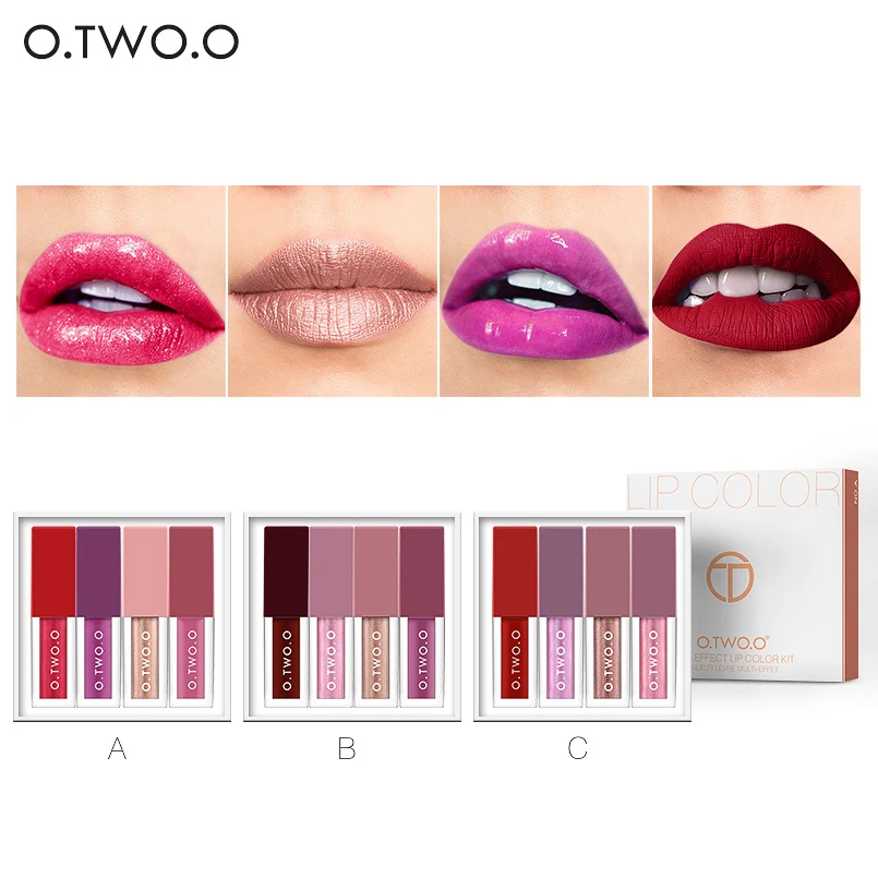 

O.TWO.O Matte Lip Gloss Liquid Lipstick 4 Color/Lot Cosmetics Waterproof Long Lasting Lip Tint Lipgloss Professional Lip Makeup