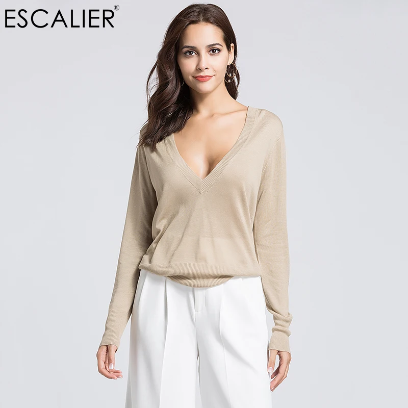 

Escalier Women 55%Silk Sexy Sweaters Casual Full Sleeve pullover V-Neck Regular Thin Style Solid Color Sweater Club Coat