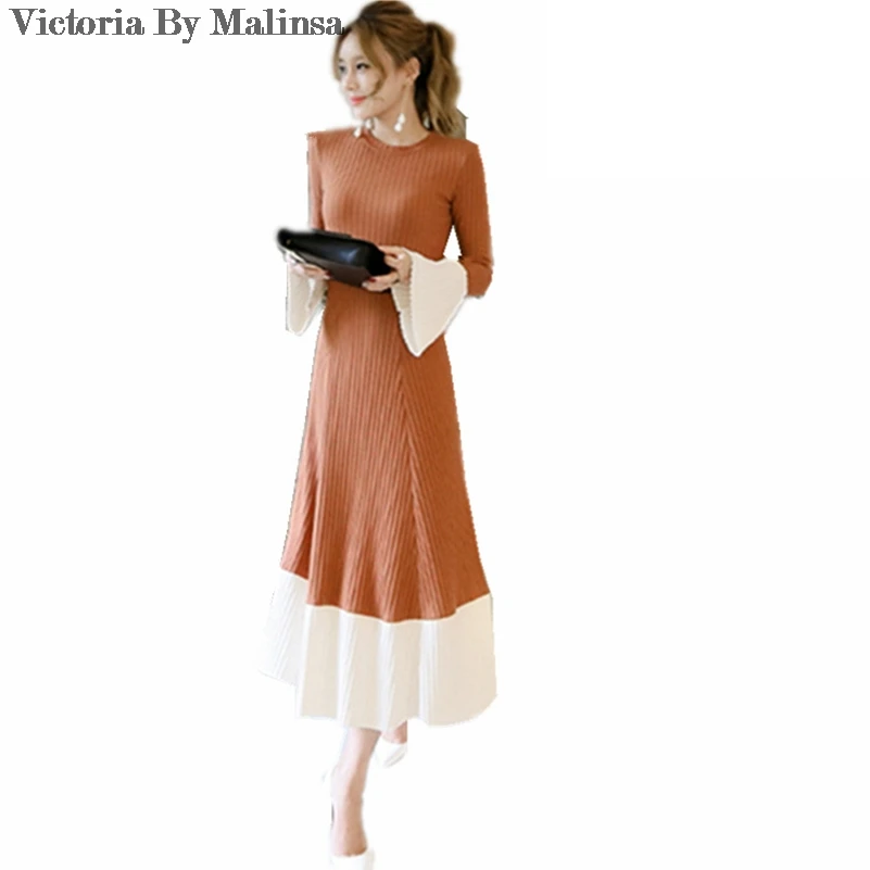 

2018 Winter Fashion Women Patchwork Elegant Party knitting Long Dress Knitted Flare Sleeve Vestidos dresses
