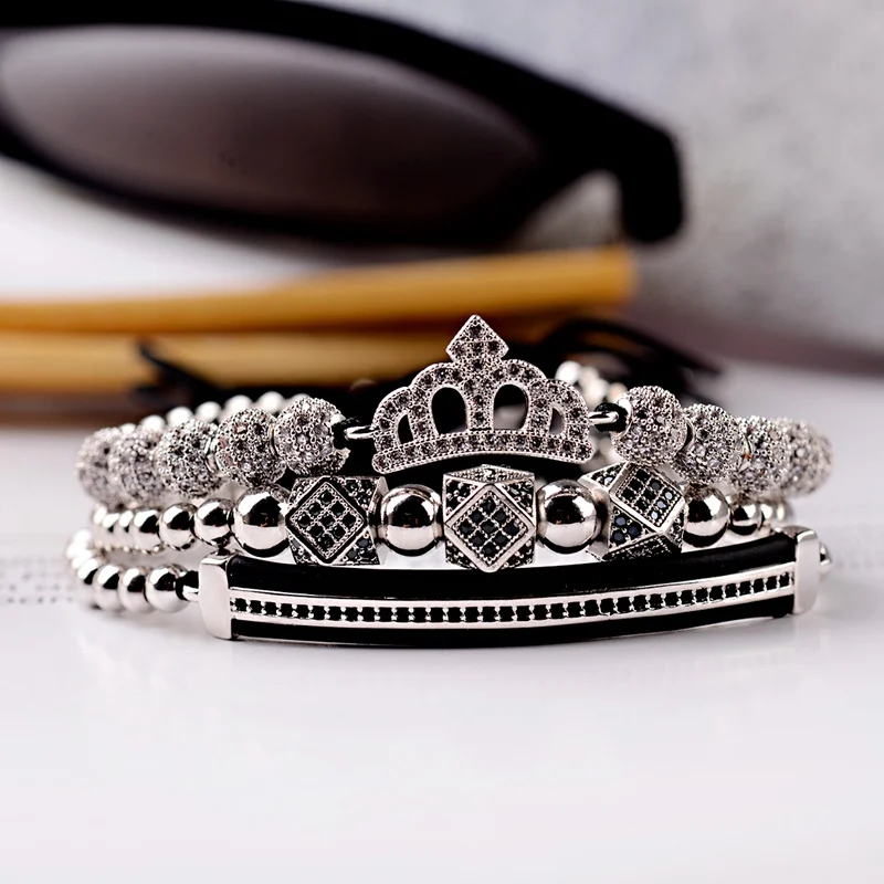 Роскошные CZ King Crown очаровательные мужские медные браслеты с бусинами макраме модные геометрические Длинные трубки набор браслеты и браслеты для женщин - Окраска металла: Silver