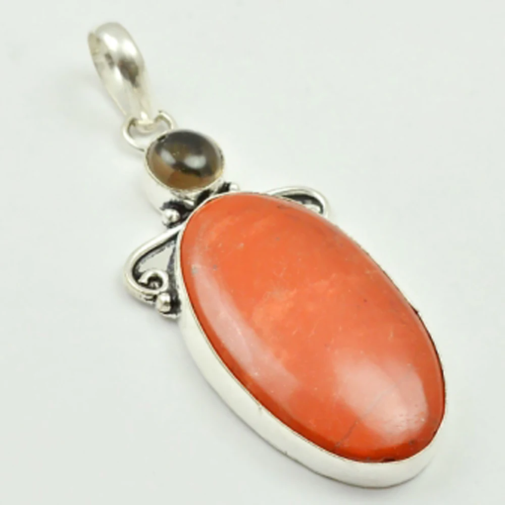 

Red Jaspers & Smoky Quarts Pendant Silver Overlay over Copper , 70 mm, P3354