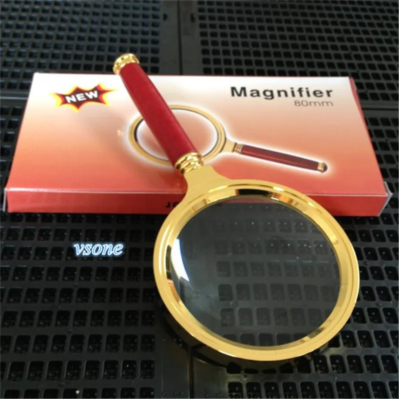 

Wooden Handle Metal Golden Frame Loupe Jewelry Read Pocket Fresnel Holder With 10X Magnifying Glass Lens Hand Magnifier 80mm