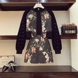2018 г.; осенние женские Винтаж печати Стенд воротник молния короткая куртка + юбка с завышенной талией из двух предметов для девочек