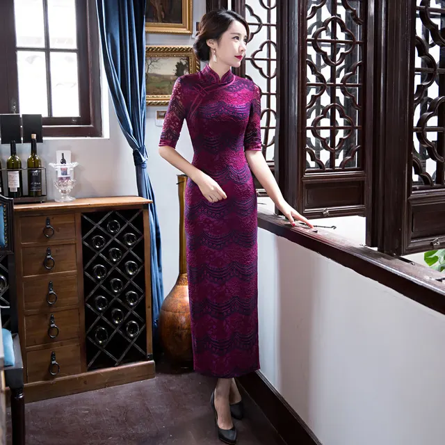 Novelty Fashion Women Long Cheongsam Top Selling Chinese Female Lace