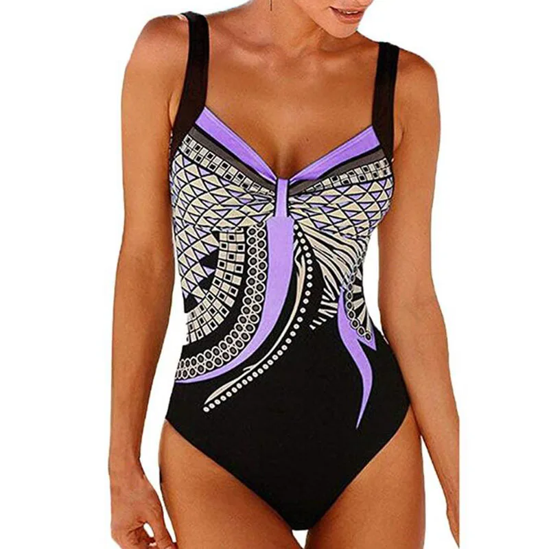 Günstig 2020 schwarz Vintage Print Floral Plus größe Badeanzug Tankini Ein stück Bademode Frauen Bandeau Weibliche Badeanzug Gepolsterte monokini