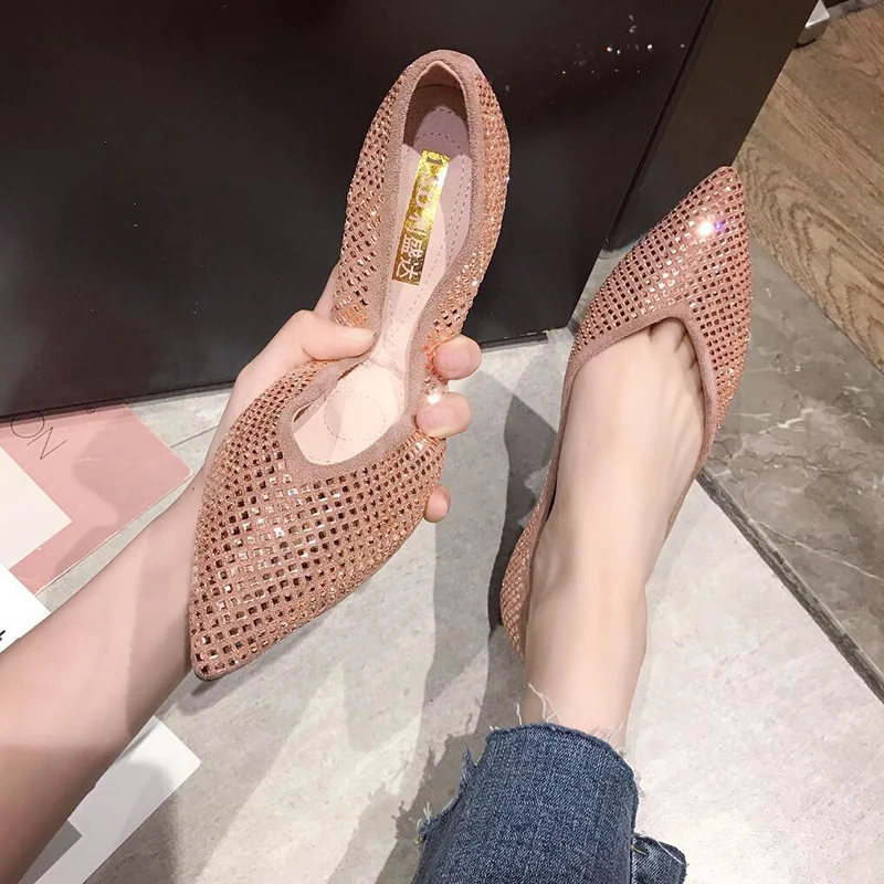 

Ladies Light driving roll-up shoes comfy pregnant anti-slip moccasins women pointy crystal glitter wedding flat shoe espadrilles
