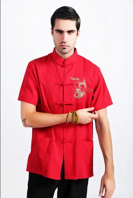 Черный традиционный китайский мужской хлопок лен вышивка в виде дракона кунг-фу Рубашка с карманом M L XL XXL XXXL 2999-3 - Цвет: red