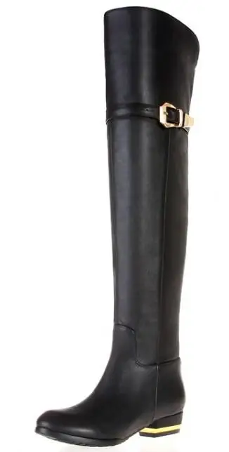 Женские зимние модные ботфорты из натуральной кожи на низком каблуке с круглым носком и пряжкой; большие размеры 33-45; SXQ1007 - Цвет: Черный