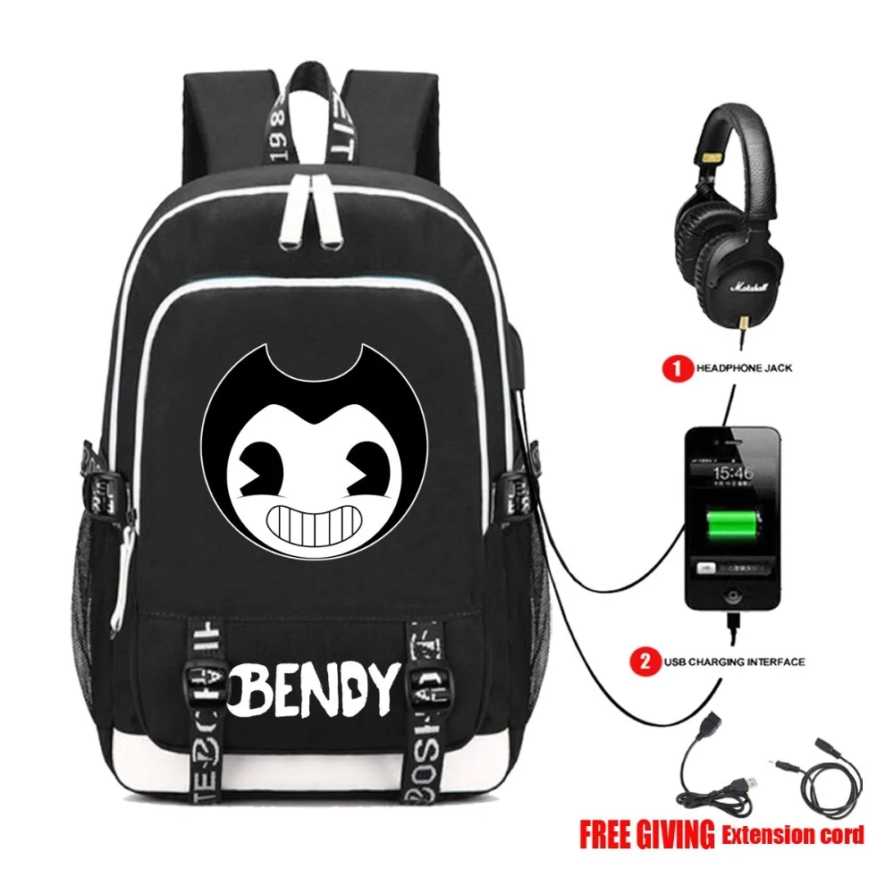 

USB Charging Port and Lock Headphone interface Student book bag Men Women backpack for Game Bendy and The Ink Machine Backpack