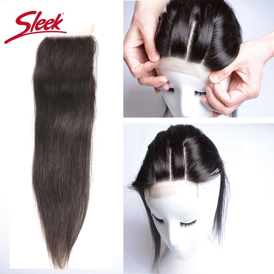 Sleek натуральные волосы 4*4 синтетическое закрытие шнурка волос Бесплатная/средний/три части перуанский прямые волосы синтетическое