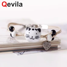 Qevila, модные браслеты для женщин и мужчин, ювелирные изделия для влюбленных, горячая Распродажа, милый керамический браслет с котом, очаровательный кожаный браслет, подарки