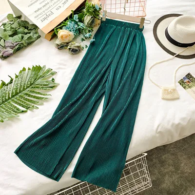 Новые модные широкие брюки для женщин нежные темпераментные однотонные Свободные плиссированные брюки с эластичной резинкой на талии универсальные повседневные брюки для женщин - Цвет: dark green