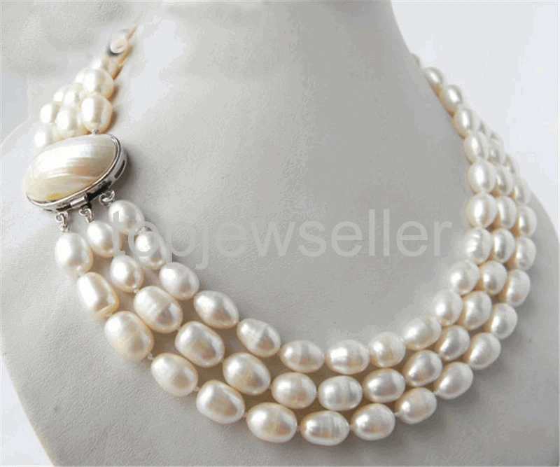 

3 Strands 8-9mm White Rice Freshwater Pearl Necklace 18" Free shipping