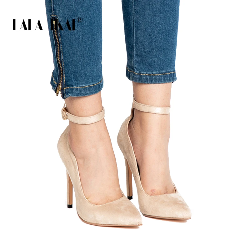 LALA IKAI Women Pointed Toe Flock Pumps Curve Super High 12 CM Party Fashion Buckle Strap Vintage Shoes Ladies Heels 900C1293 -4