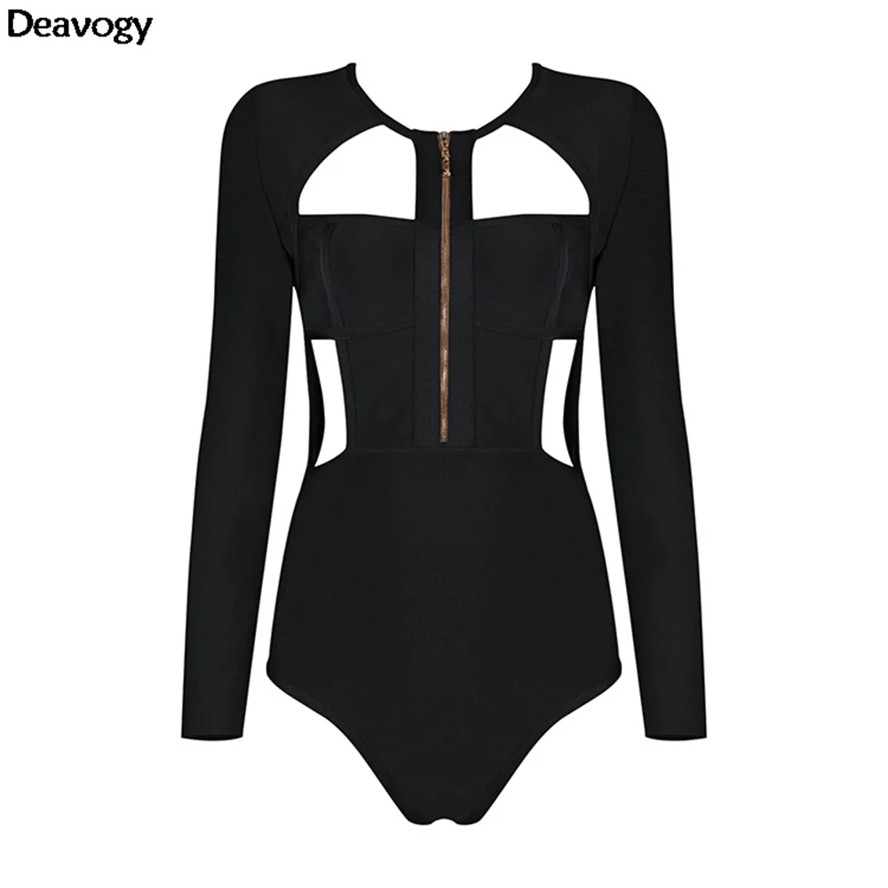 Deavogy New Autumn Black White Brown O Neck Long Sleeves Cutout Elastic