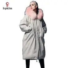Новая мода, высокое качество, женские зимние длинные пуховики, большой мех, с капюшоном, женское теплое пуховое пальто, тонкая талия, серый цвет, PQ132