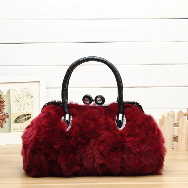 Дизайнерские женские сумки из натурального меха для дам, женская сумка-тоут, зимняя роскошная сумка-мессенджер с бриллиантами, Сумки из натуральной кожи - Цвет: Красный