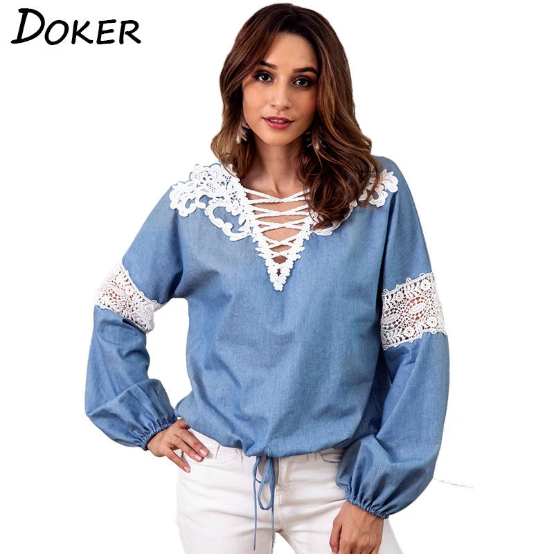 

Lace Patchwork Hollow Out Blouses Women V-neck Lantern Sleeve Bandage Casual Shirts 2018 Autumn Fashion Female Denim Blue Tops