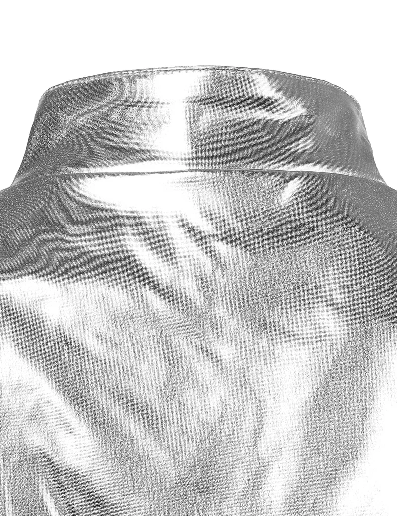 New  Silver Metallic Coated Bomber Jacket Women Shiny Night Club Baseball Varsity Jacket Womens Zipper F