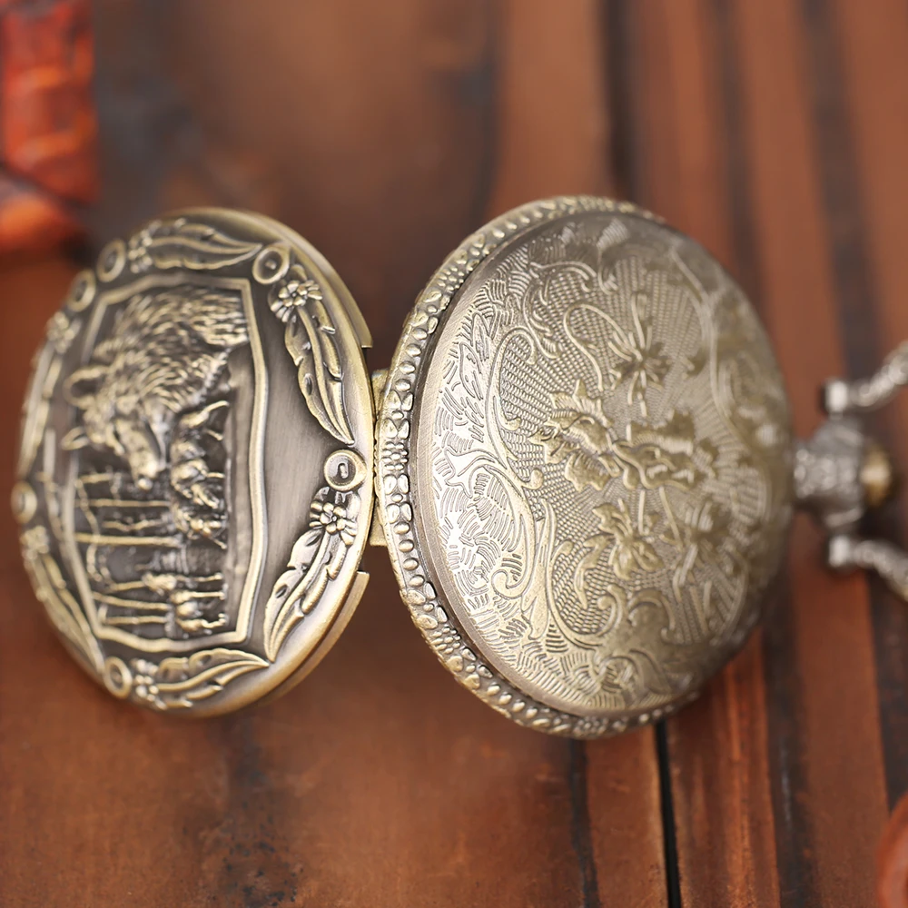 Mens Bronze Wolf Pendant Chain Pocket Watch Theme Full Hunter Skeleton Necklace Quartz Women Watches Vintage Clock With Gift Bag1 (9)