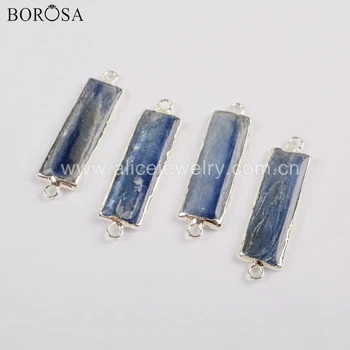 

BOROSA 5/10PCS Silver Color Rectangle Natural Kyanite Connector Natural Blue Crystal Connectors High Quality for Bracelet S1744