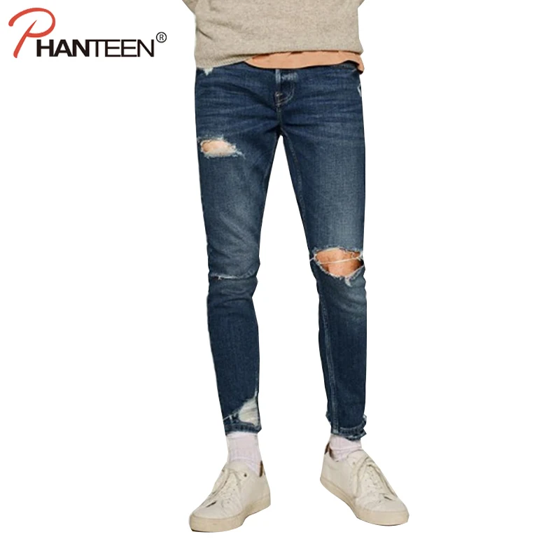 Phanteen Slim Fit Vantage Washed Men Jeans Elastic Ripped Skinny Casual Street Style Pencil Jeans Fashion