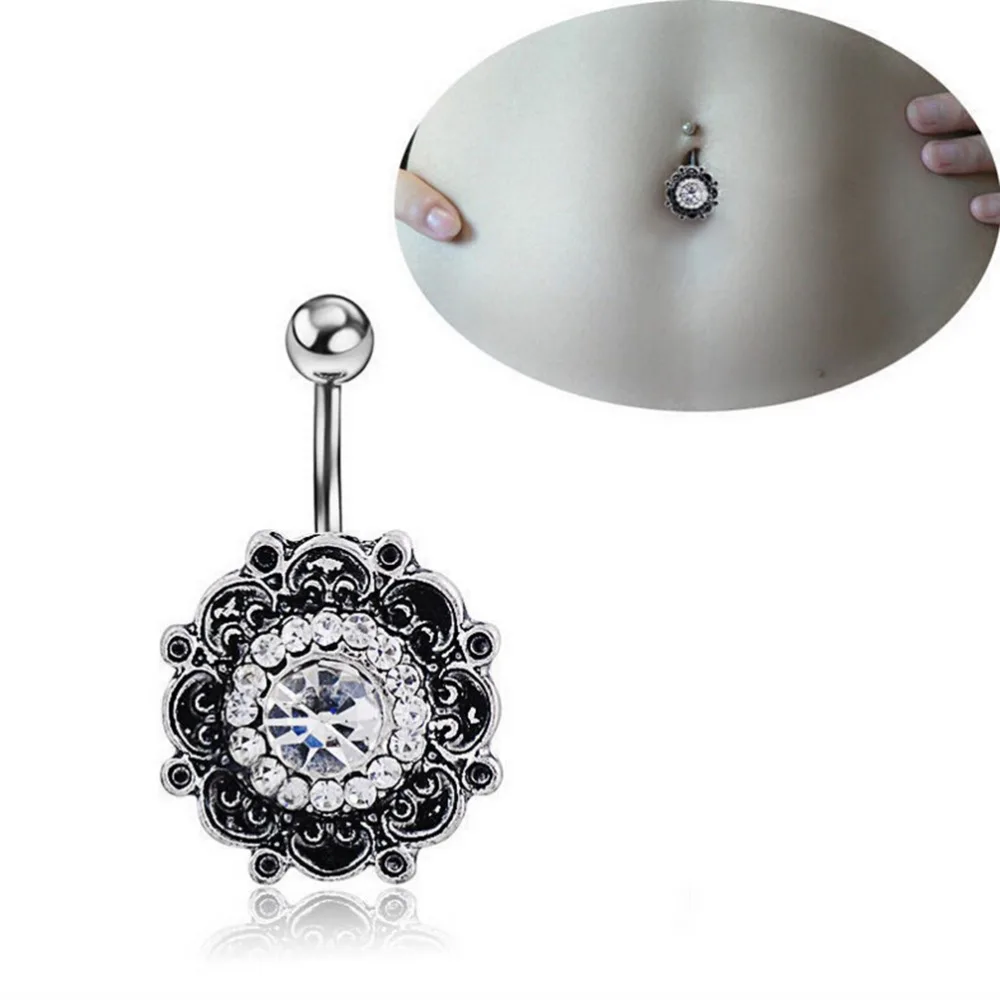 

Black Retro Flower Crystal Belly Button Rings Sexy Body Piercing Jewelry Bar Piercing Navel Percing Plugs For Women