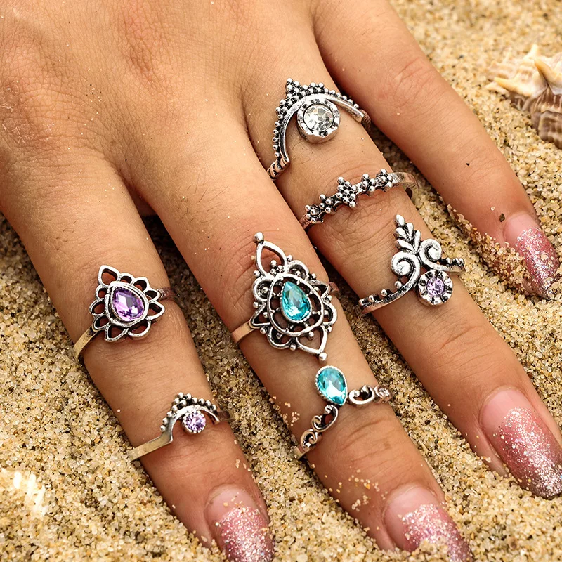 HOMOD 7PCS Vintage Knuckle Rings for Women Fashion Boho Flower Purple Crystal Rings Set Bohemian ...