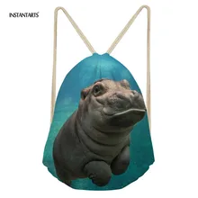 INSTANTARTS 2019 Fashion 3D Print Boys Small Drawstring Bag Cute Hippo Pattern School Shoulder Backpacks Teen Boys Girls Satchel
