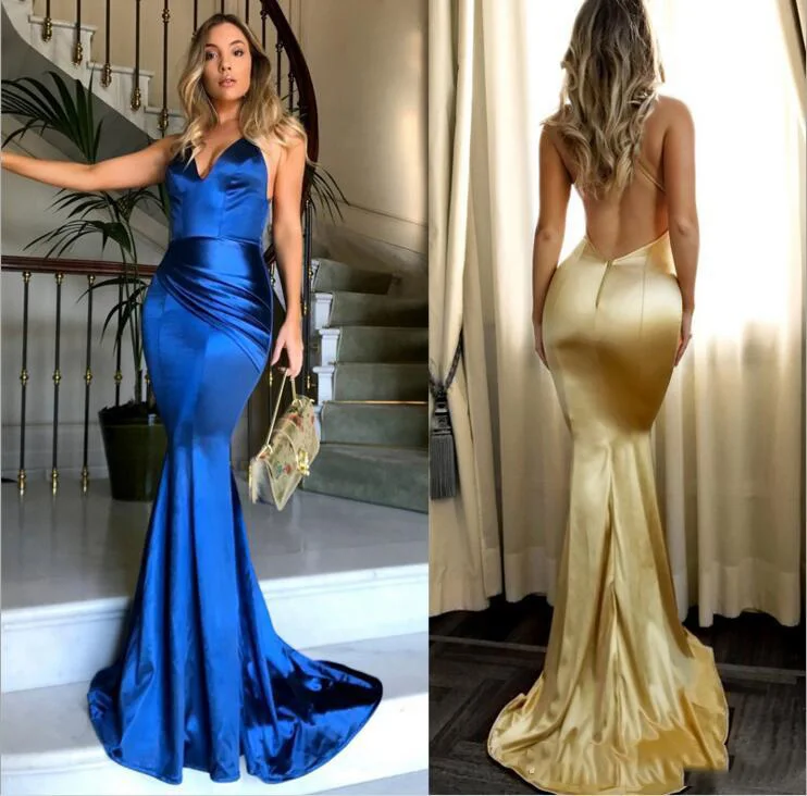 

Simple Sexy V Neck Gold Mermaid Prom Dresses Backless Spaghetti Strap Custom Made Long Evening Dresses