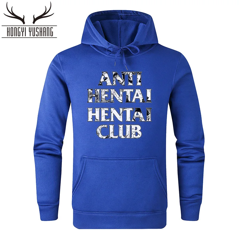 Мужская толстовка с капюшоном флисовый пуловер надписью Anti Hentai для клуба модель