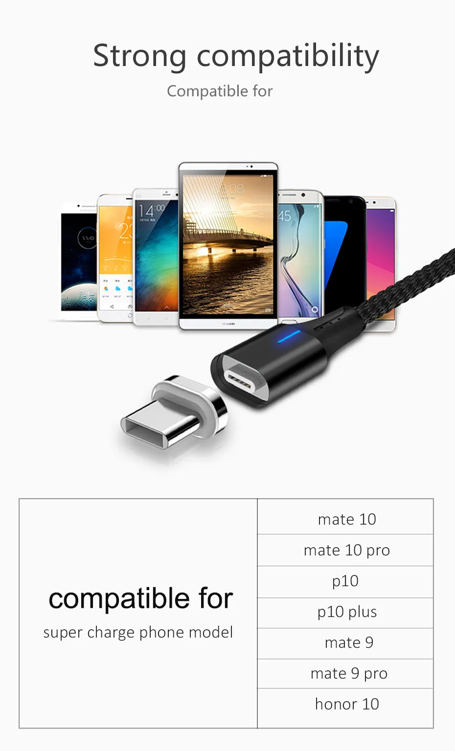 Rosinop 5A Super Charge Magnetic Cable For huawei p30 pro p20 USB Type C Cable For huawei mate 20 9 10 manyetik sarj kablosu