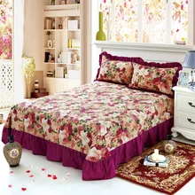 100% de algodón puro con volantes suave sábana de cama púrpura floral gran sábana de cama tamaño Queen King con dos fundas de almohada sábana plana