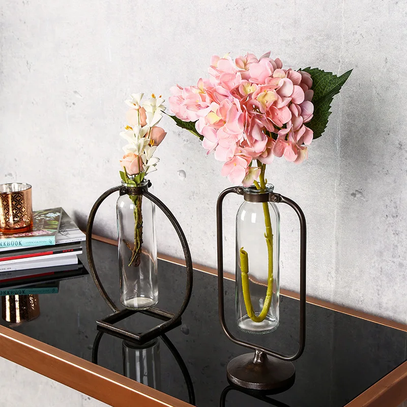 

Living Room Decoration Glass Vase Tabletop Iron Flowerpot Nordic Home Decor Hydroponic Plant Desk Vases Dropshipping