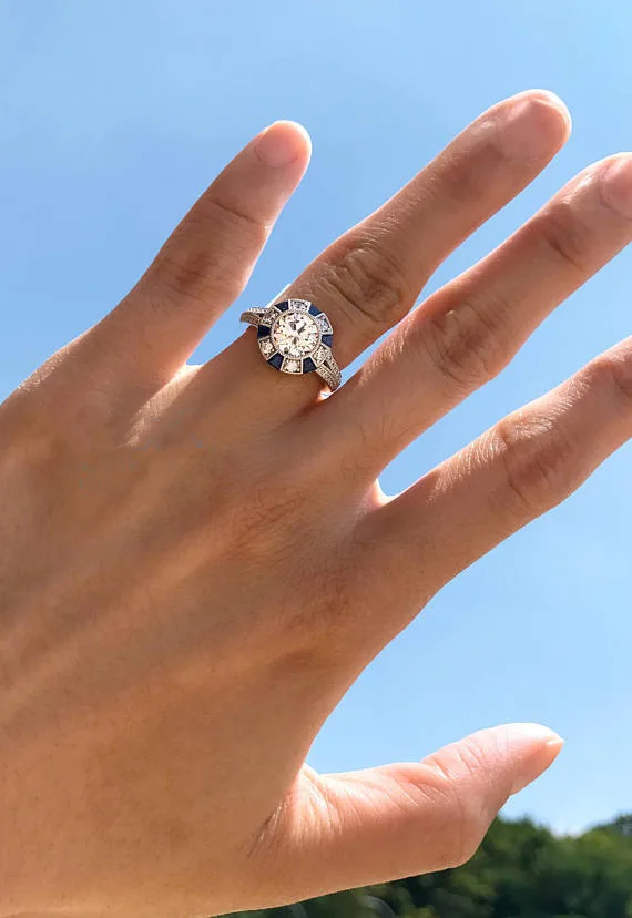 925 серебро Forever Clear AAA Синий Круглый фианит круглые кольца на пальцы для женщин ювелирные изделия moissanite сапфировое кольцо
