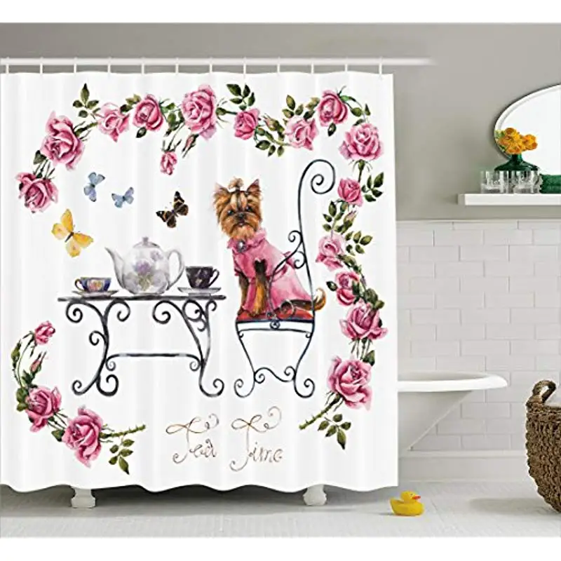

Vixm Yorkie Shower Curtain Yorkshire Terrier in Pink Dress Having a Tea Party Tea Time Butterflies Roses Fabric Bath Curtains