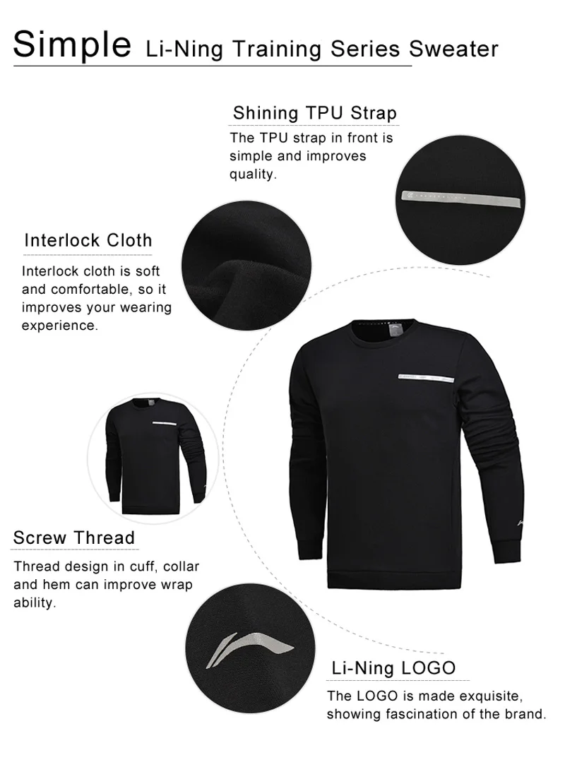 Li-Ning мужской тренировочный свитер, 70% хлопок, 30% полиэстер, комфортный, обычный крой, подкладка, спортивные топы AWDM607 MWW1338