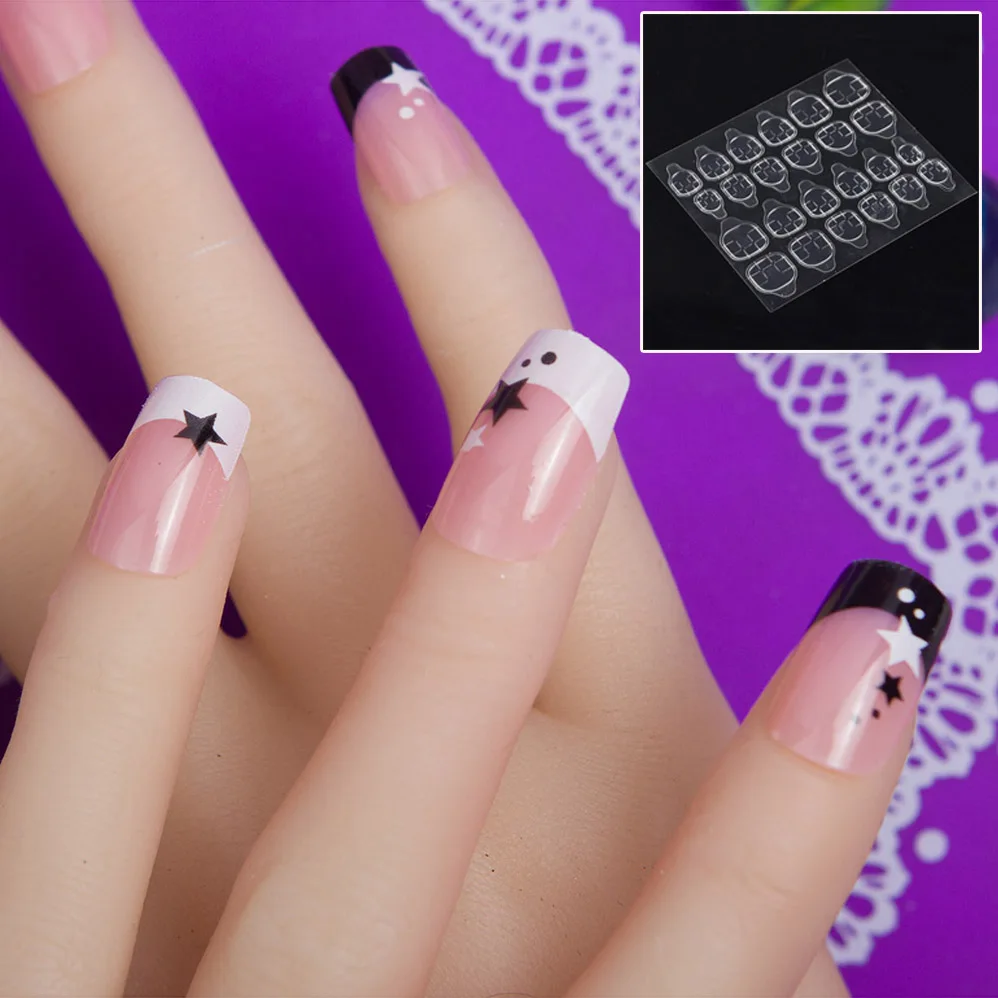 

JQ 24 pcs in 1 Box With Nail Glue Tape Stars Pattern Press On False Nail Art Tips Full Cover Fake Nail Tip 10 Sizes BL06