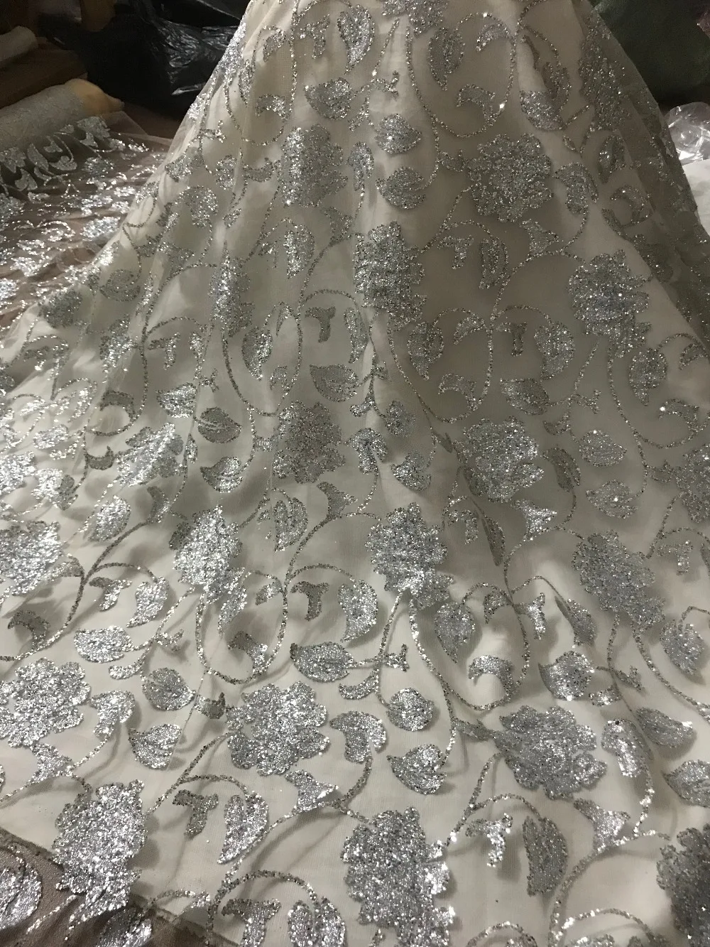 

L-453 hot sale French Mesh Sequins Lace Fabric with glued glitter