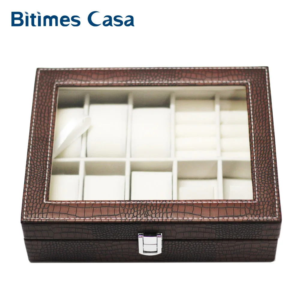 

Watch Box 10 Grids Pu Leather High Quality Watch Display Storage Collection Box Brown Jewelry Box Multi-function Free Shipping